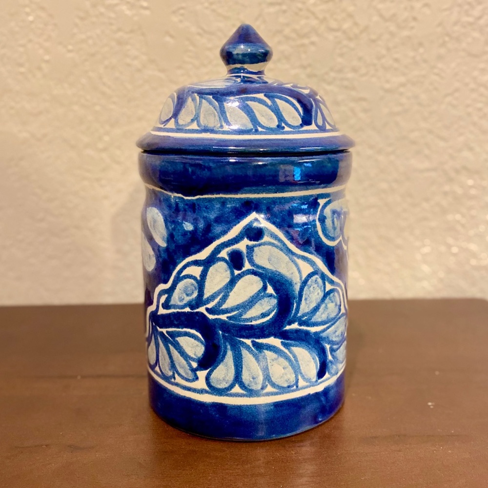 Amora Mexican Hand Painted Cobalt Blue Pottery Canister with Lid 9 1/2”